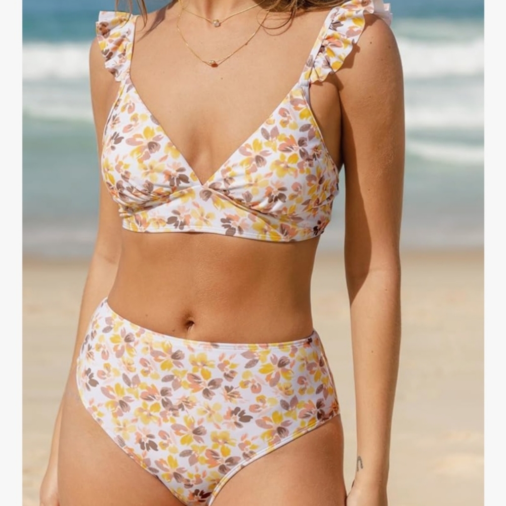 Women's Bikini Sets High Waist Bottom Floral Print Ruffles Size XS